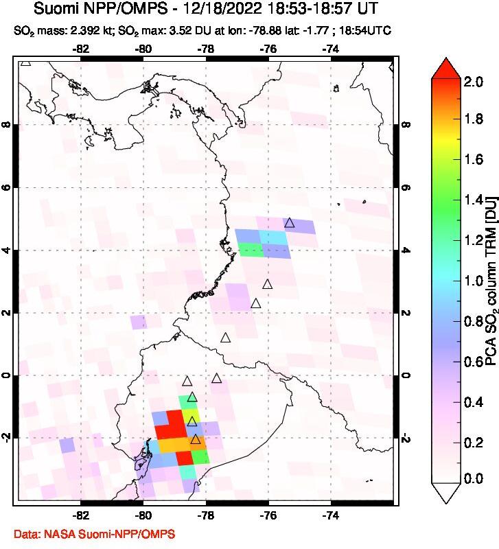 A sulfur dioxide image over Ecuador on Dec 18, 2022.