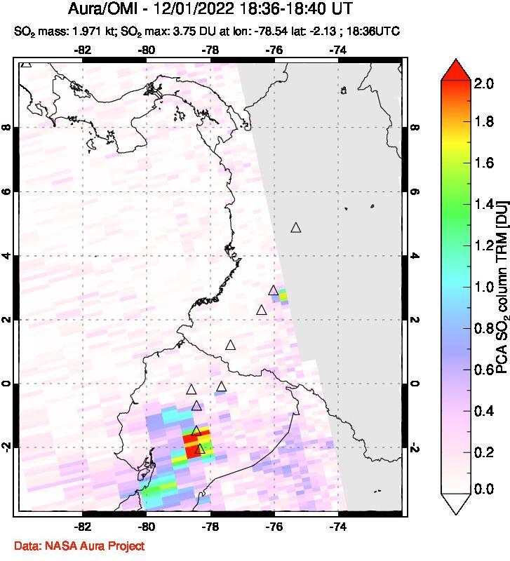 A sulfur dioxide image over Ecuador on Dec 01, 2022.