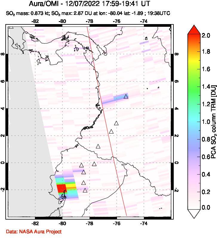 A sulfur dioxide image over Ecuador on Dec 07, 2022.