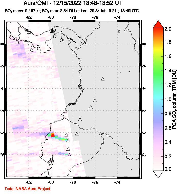 A sulfur dioxide image over Ecuador on Dec 15, 2022.