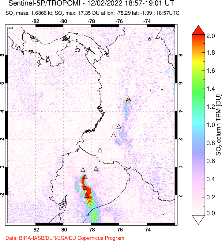 A sulfur dioxide image over Ecuador on Dec 02, 2022.