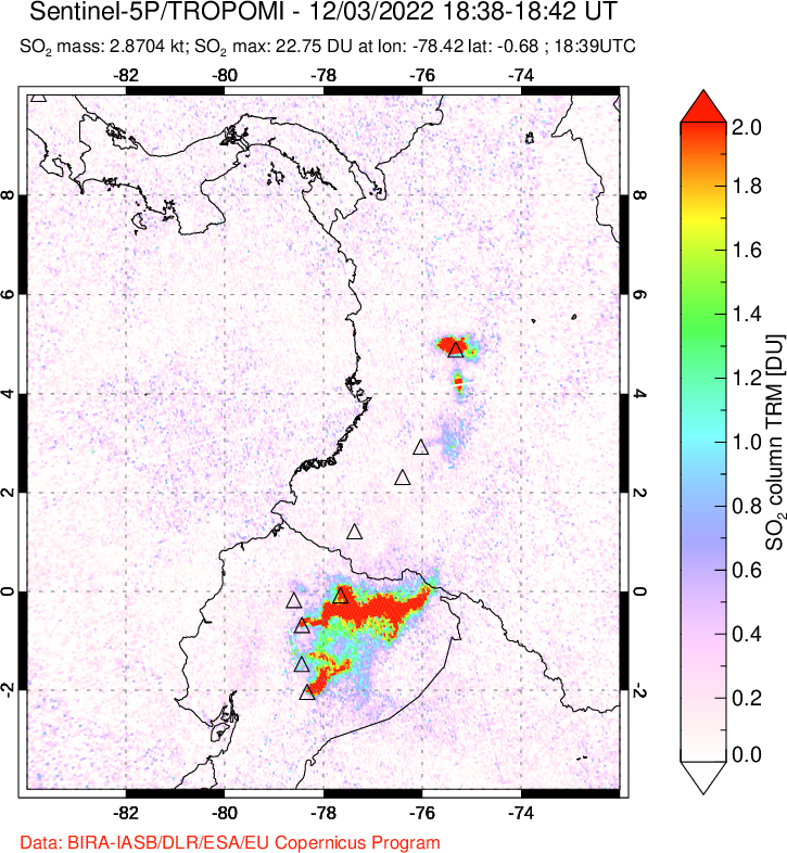 A sulfur dioxide image over Ecuador on Dec 03, 2022.