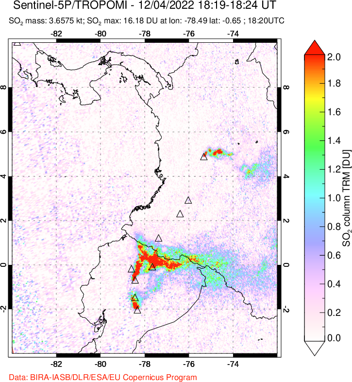 A sulfur dioxide image over Ecuador on Dec 04, 2022.