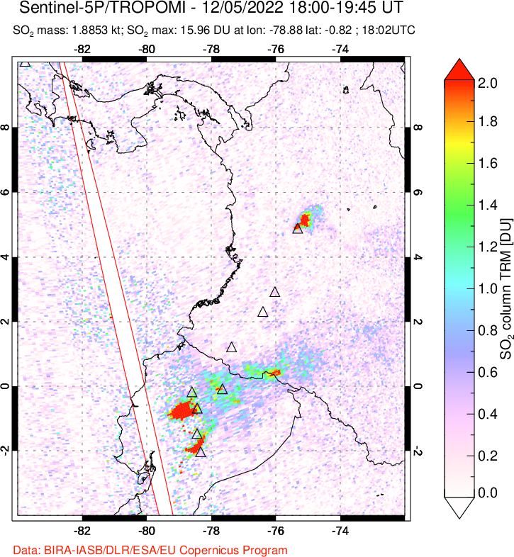 A sulfur dioxide image over Ecuador on Dec 05, 2022.