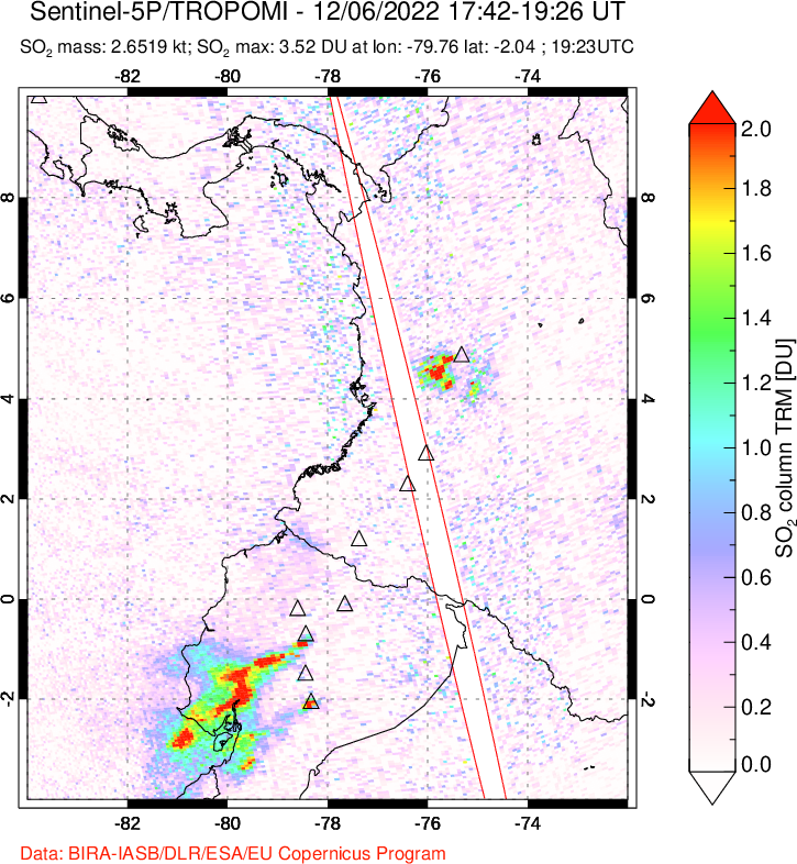 A sulfur dioxide image over Ecuador on Dec 06, 2022.