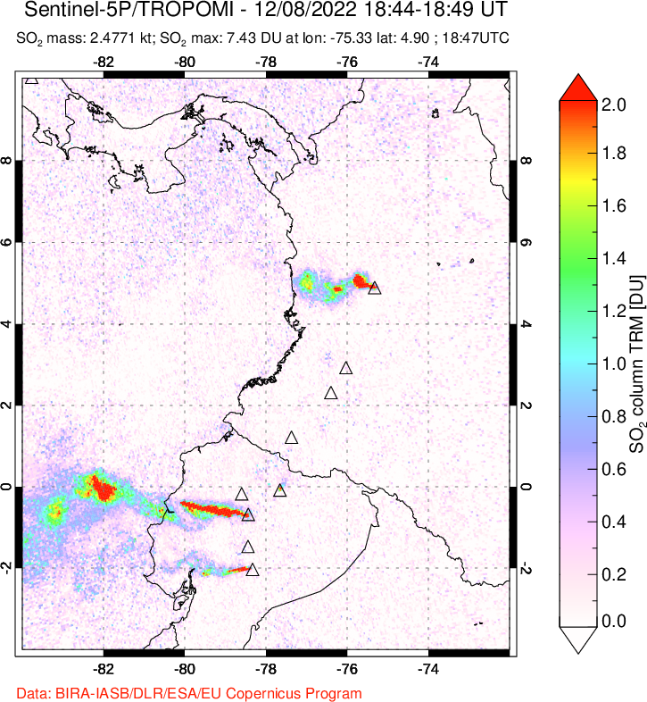 A sulfur dioxide image over Ecuador on Dec 08, 2022.