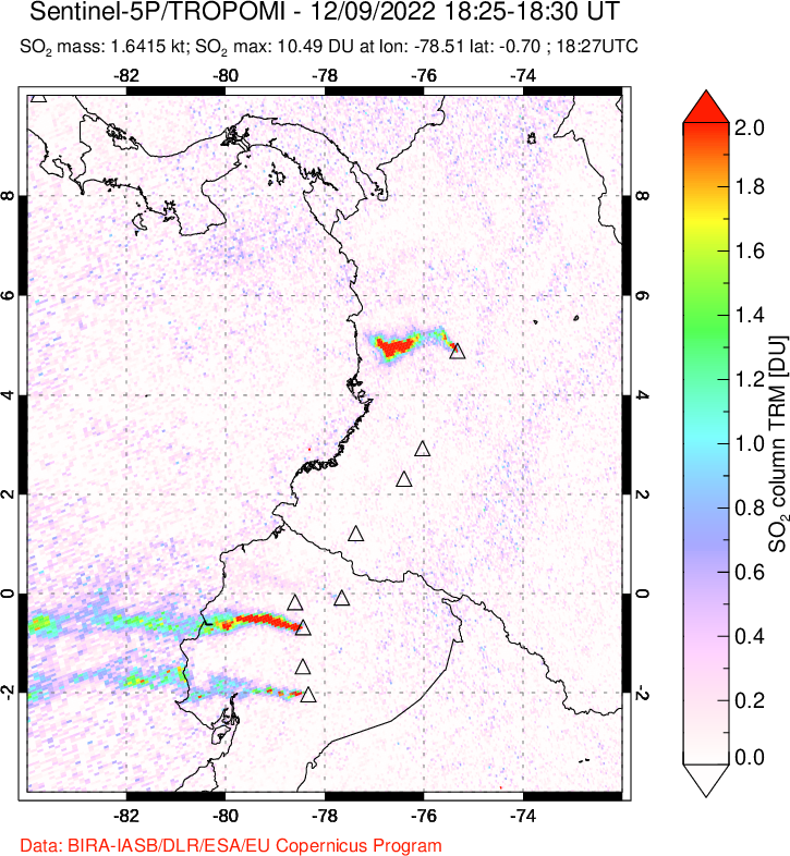 A sulfur dioxide image over Ecuador on Dec 09, 2022.