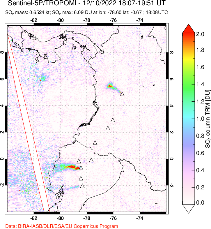 A sulfur dioxide image over Ecuador on Dec 10, 2022.