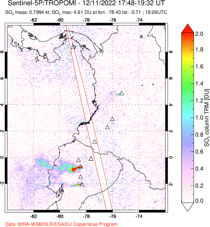 A sulfur dioxide image over Ecuador on Dec 11, 2022.