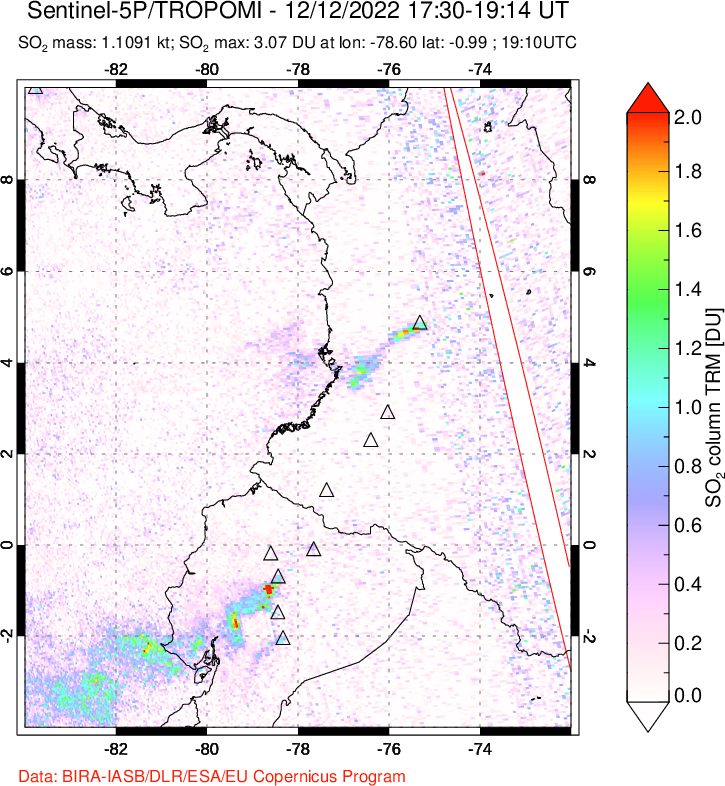A sulfur dioxide image over Ecuador on Dec 12, 2022.