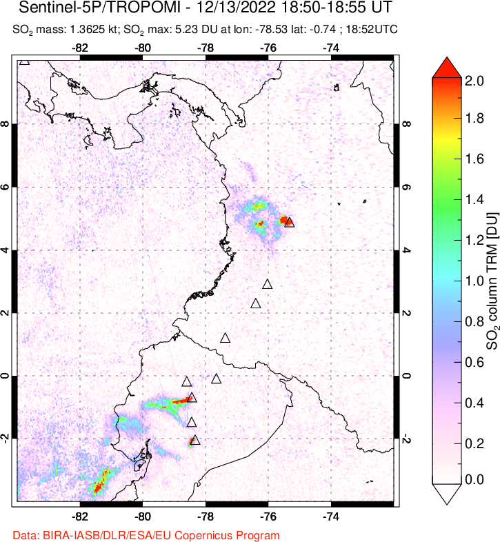 A sulfur dioxide image over Ecuador on Dec 13, 2022.