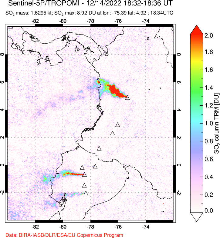 A sulfur dioxide image over Ecuador on Dec 14, 2022.