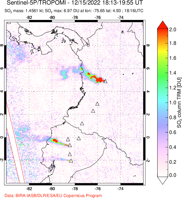 A sulfur dioxide image over Ecuador on Dec 15, 2022.