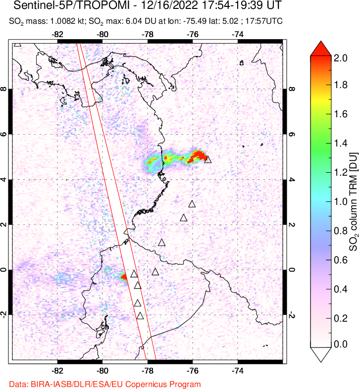 A sulfur dioxide image over Ecuador on Dec 16, 2022.