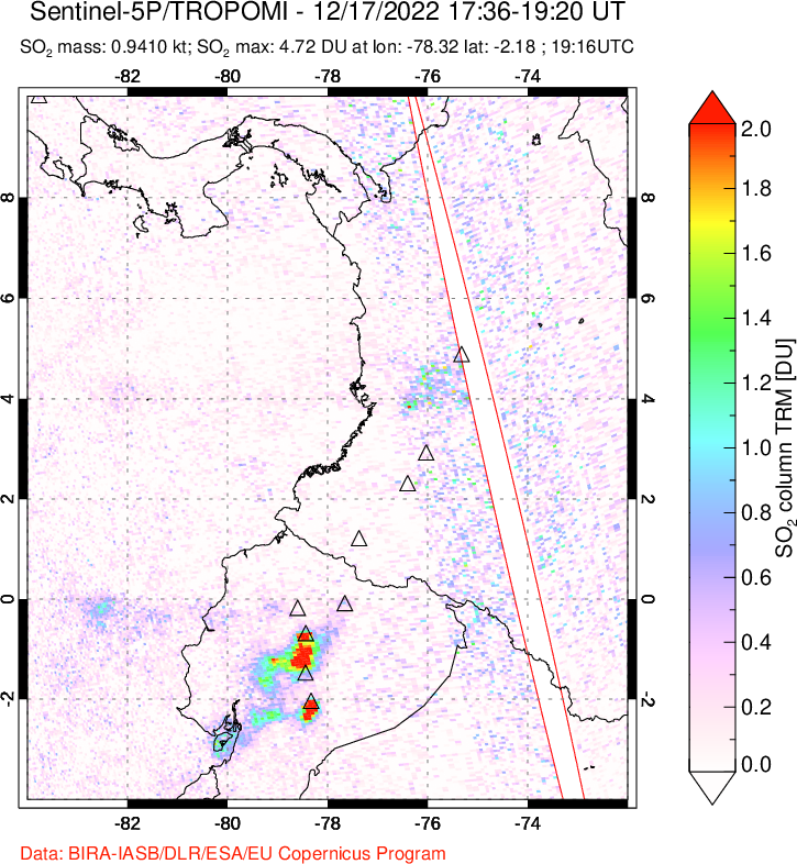 A sulfur dioxide image over Ecuador on Dec 17, 2022.