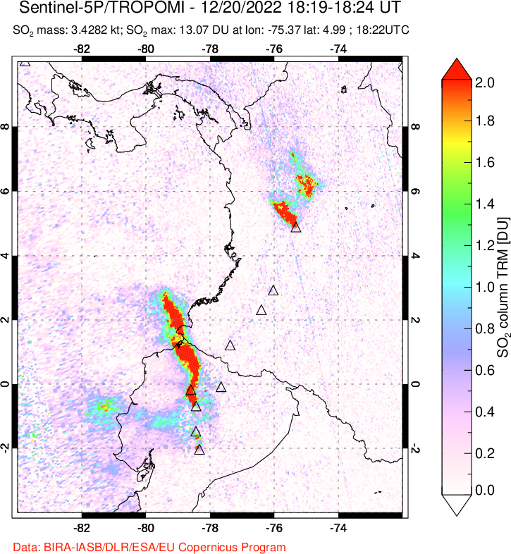 A sulfur dioxide image over Ecuador on Dec 20, 2022.
