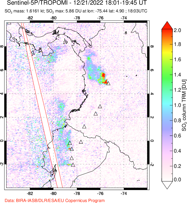 A sulfur dioxide image over Ecuador on Dec 21, 2022.