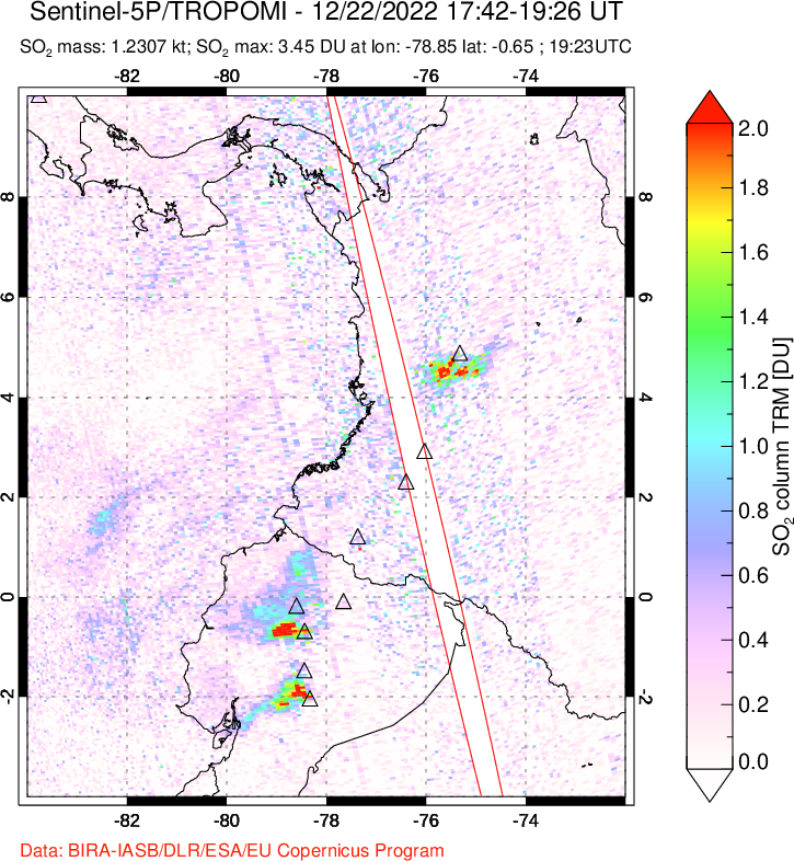 A sulfur dioxide image over Ecuador on Dec 22, 2022.