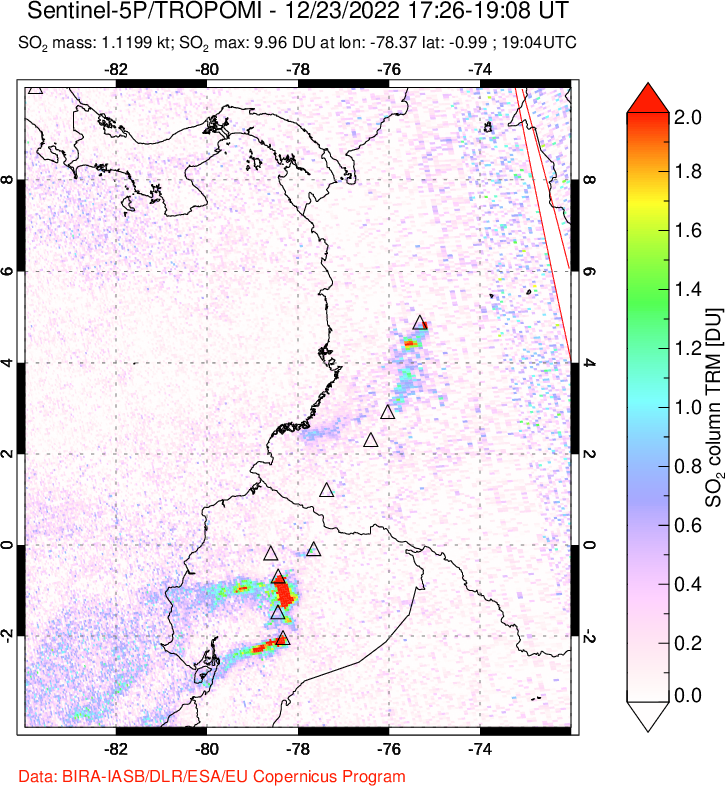 A sulfur dioxide image over Ecuador on Dec 23, 2022.