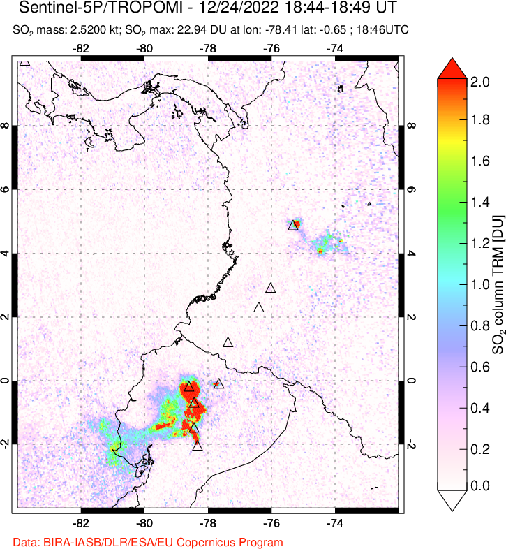 A sulfur dioxide image over Ecuador on Dec 24, 2022.