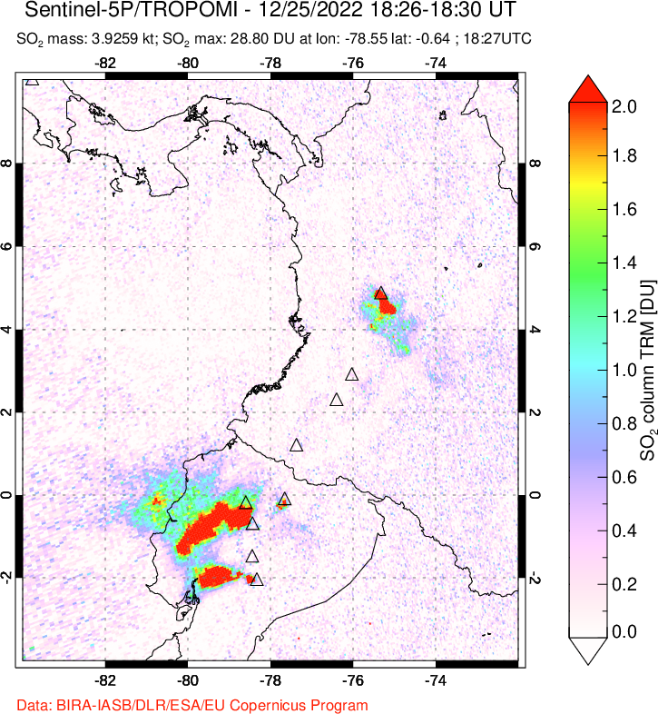 A sulfur dioxide image over Ecuador on Dec 25, 2022.