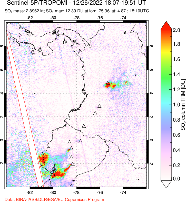 A sulfur dioxide image over Ecuador on Dec 26, 2022.