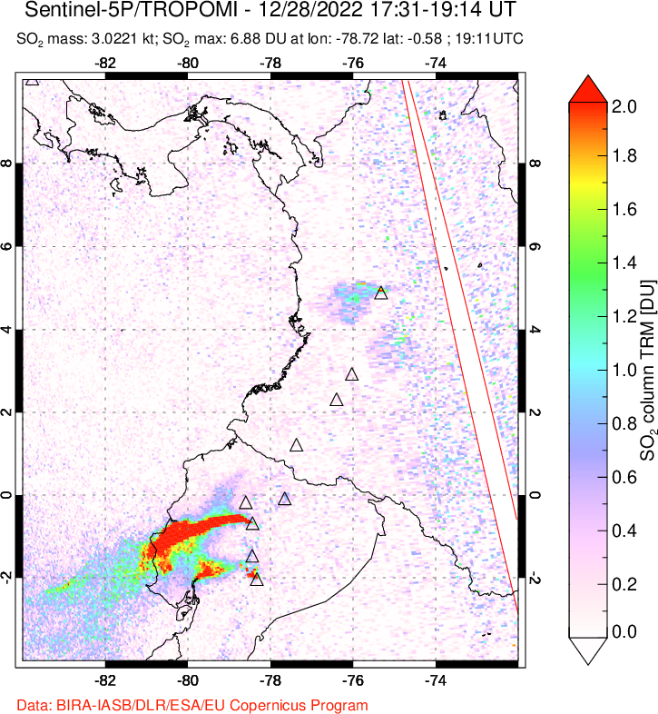 A sulfur dioxide image over Ecuador on Dec 28, 2022.