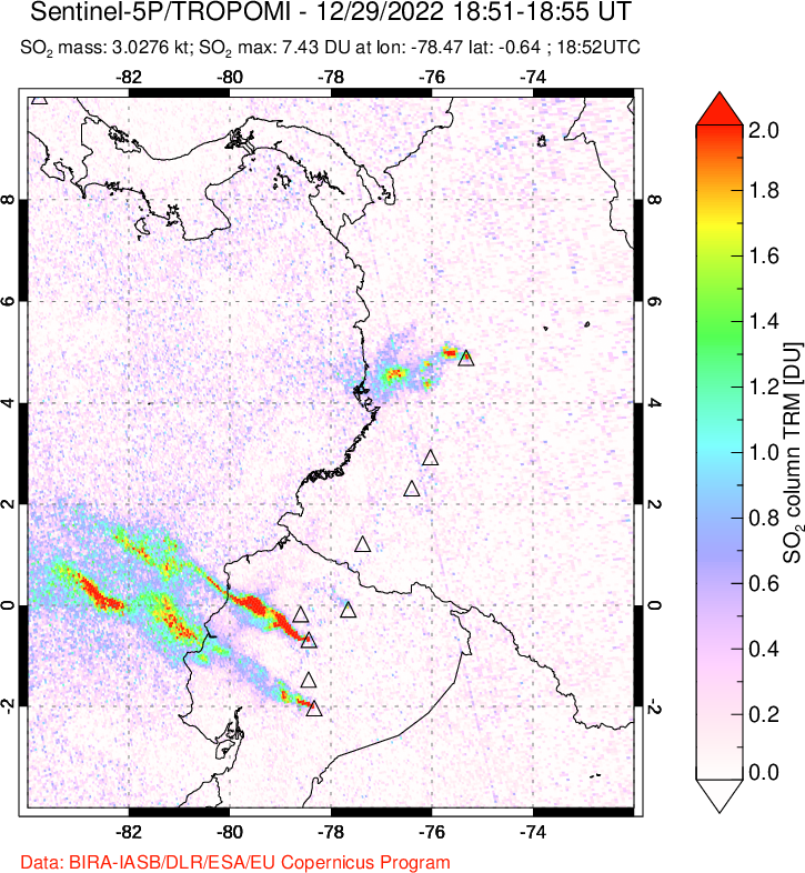 A sulfur dioxide image over Ecuador on Dec 29, 2022.