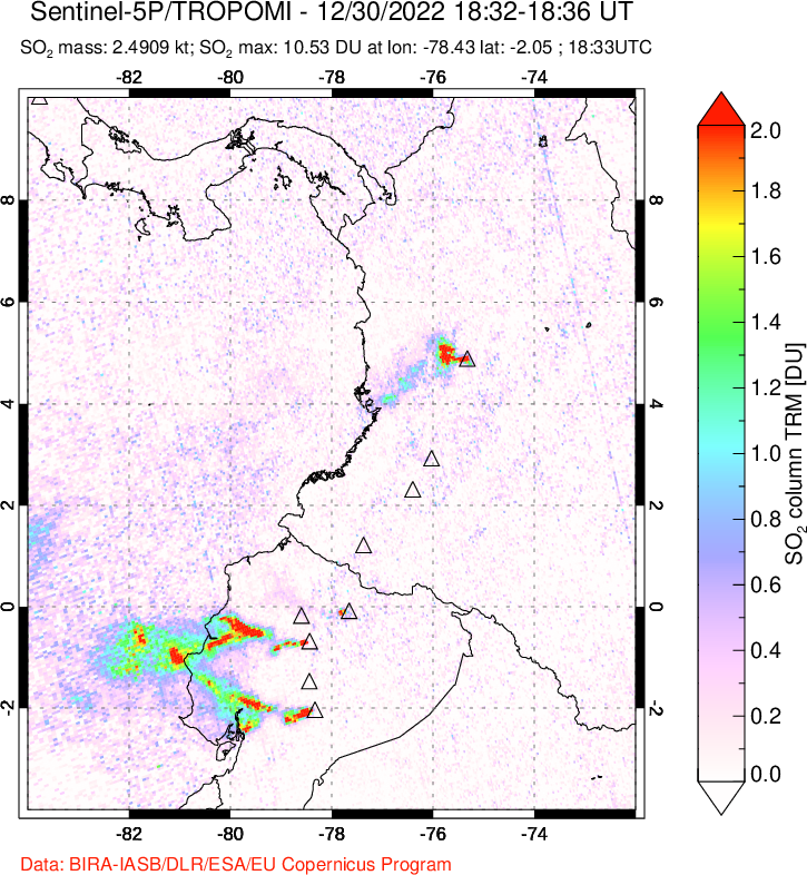 A sulfur dioxide image over Ecuador on Dec 30, 2022.