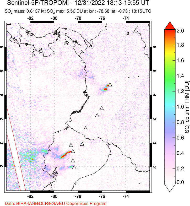 A sulfur dioxide image over Ecuador on Dec 31, 2022.