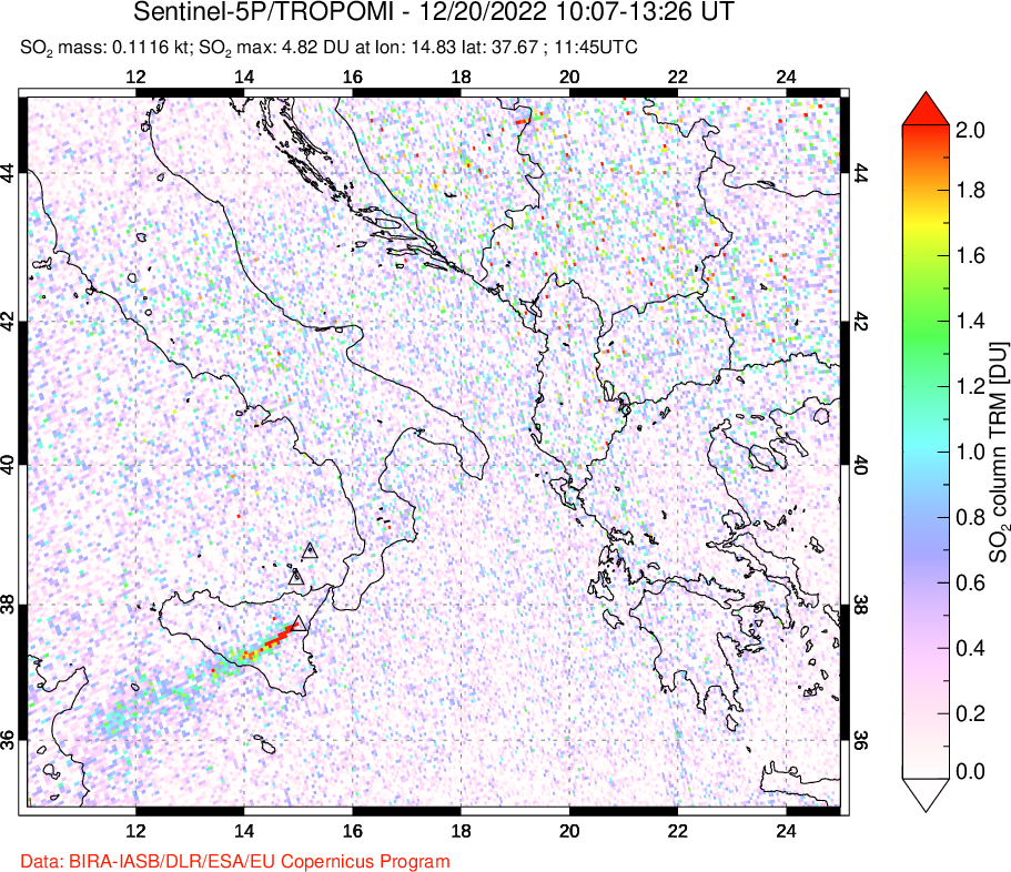 A sulfur dioxide image over Etna, Sicily, Italy on Dec 20, 2022.