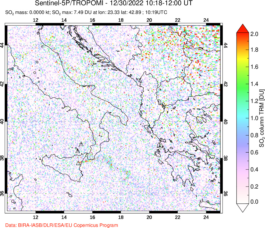 A sulfur dioxide image over Etna, Sicily, Italy on Dec 30, 2022.