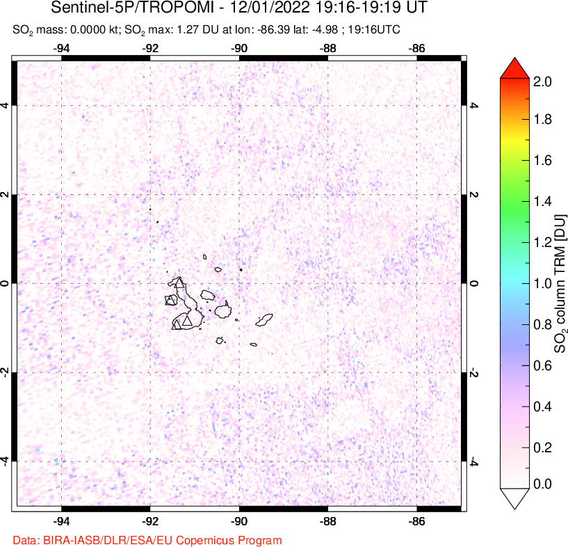 A sulfur dioxide image over Galápagos Islands on Dec 01, 2022.
