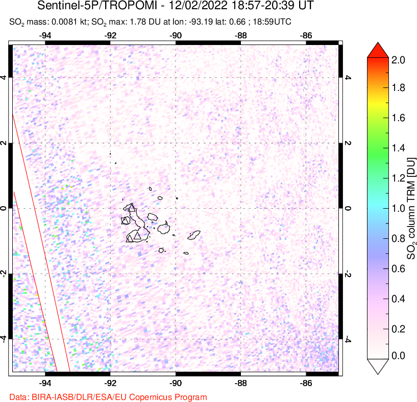 A sulfur dioxide image over Galápagos Islands on Dec 02, 2022.