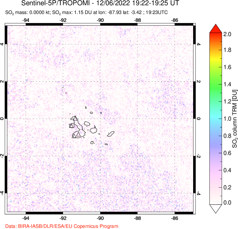 A sulfur dioxide image over Galápagos Islands on Dec 06, 2022.