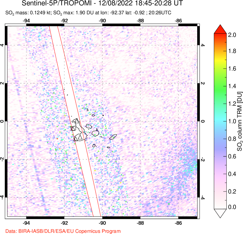 A sulfur dioxide image over Galápagos Islands on Dec 08, 2022.