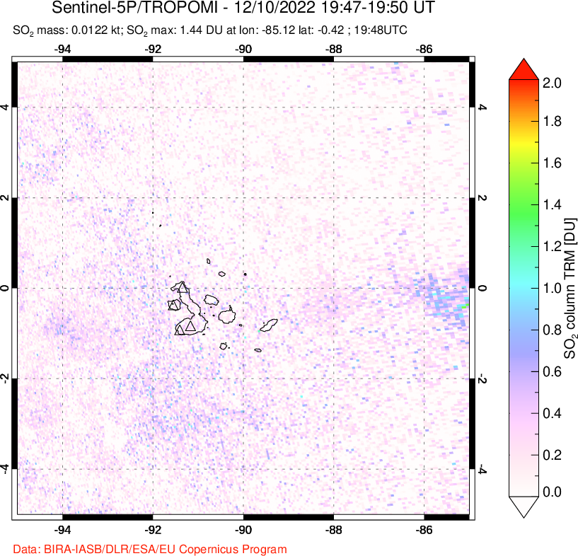 A sulfur dioxide image over Galápagos Islands on Dec 10, 2022.