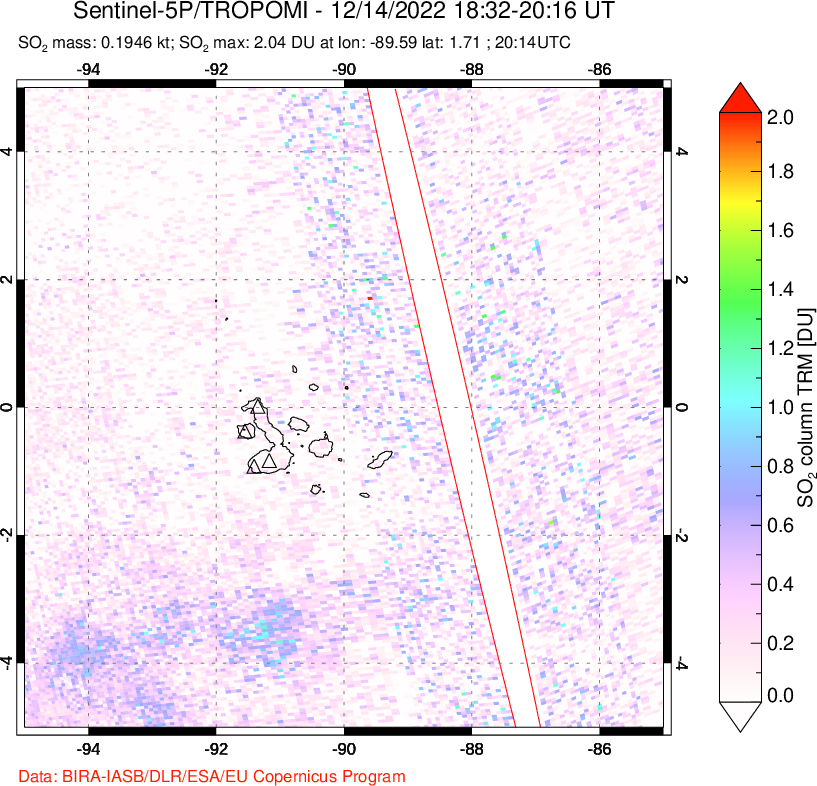 A sulfur dioxide image over Galápagos Islands on Dec 14, 2022.