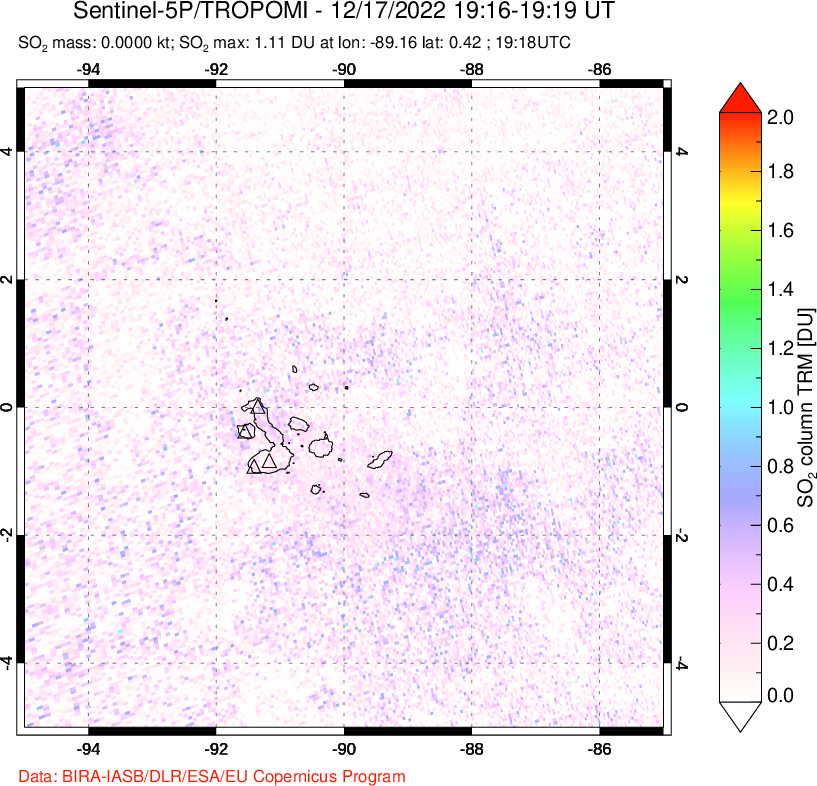 A sulfur dioxide image over Galápagos Islands on Dec 17, 2022.