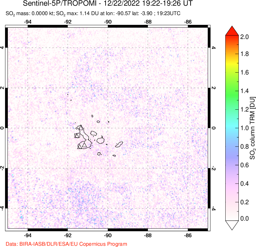 A sulfur dioxide image over Galápagos Islands on Dec 22, 2022.