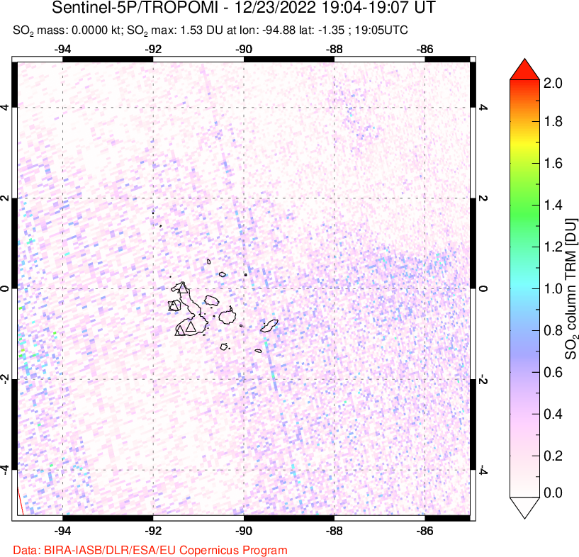 A sulfur dioxide image over Galápagos Islands on Dec 23, 2022.