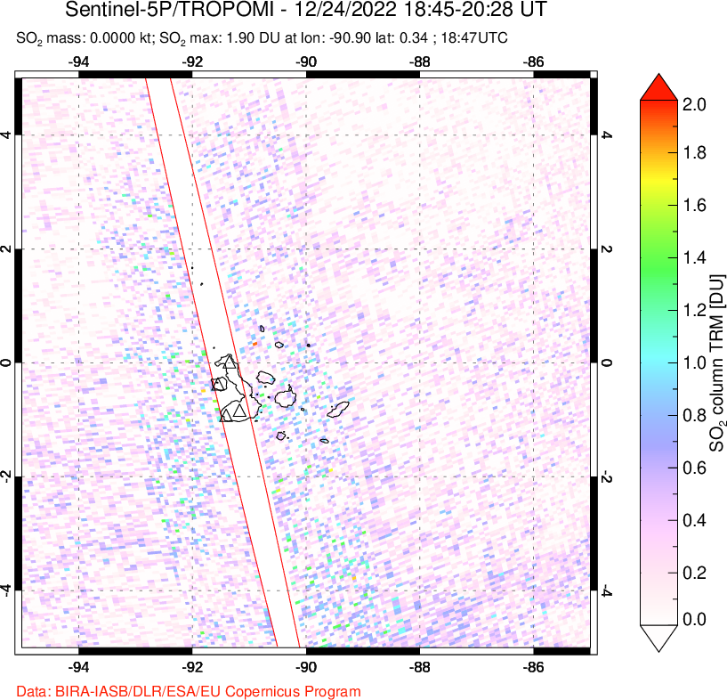 A sulfur dioxide image over Galápagos Islands on Dec 24, 2022.