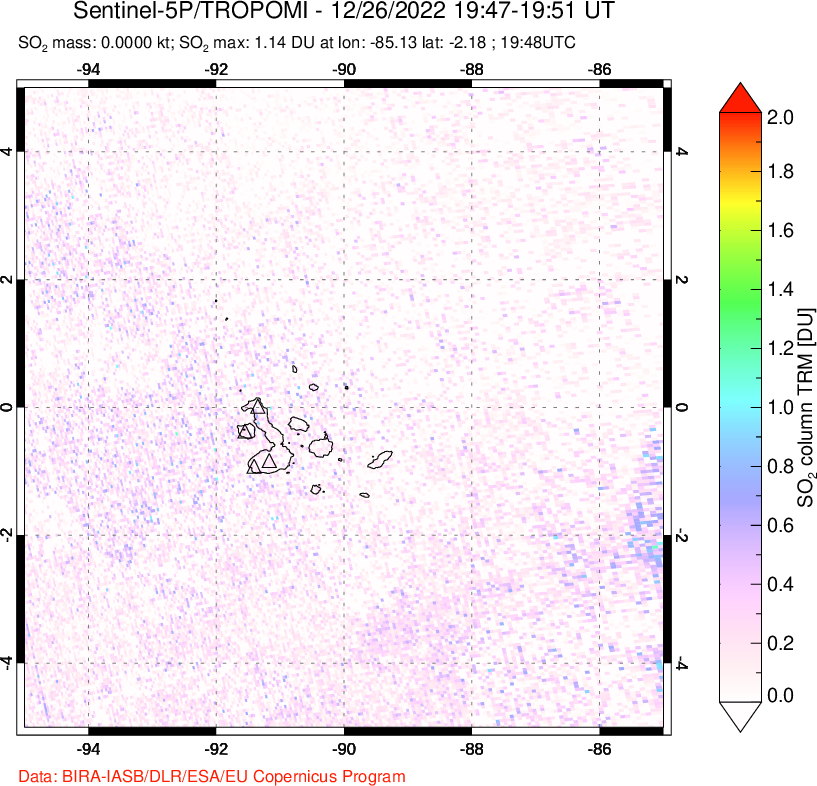A sulfur dioxide image over Galápagos Islands on Dec 26, 2022.