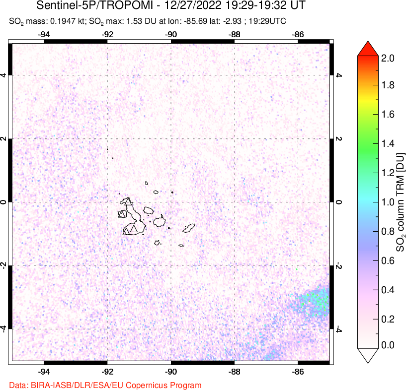 A sulfur dioxide image over Galápagos Islands on Dec 27, 2022.