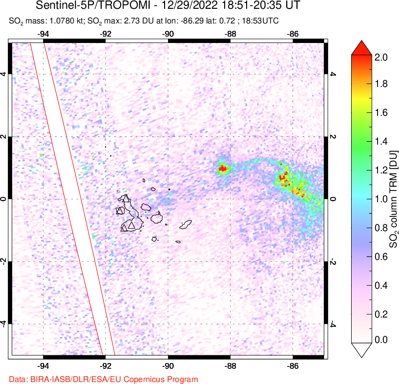 A sulfur dioxide image over Galápagos Islands on Dec 29, 2022.