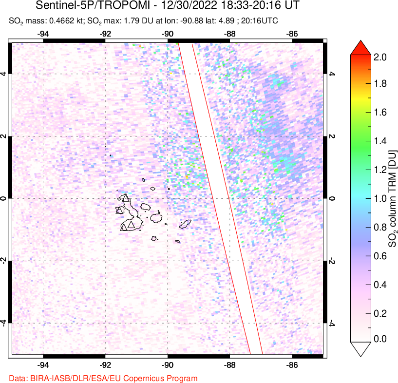 A sulfur dioxide image over Galápagos Islands on Dec 30, 2022.