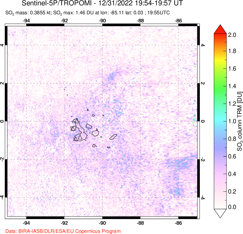 A sulfur dioxide image over Galápagos Islands on Dec 31, 2022.