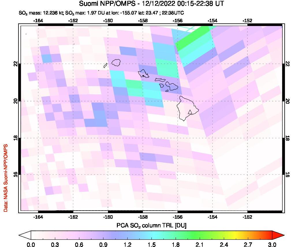 A sulfur dioxide image over Hawaii, USA on Dec 12, 2022.