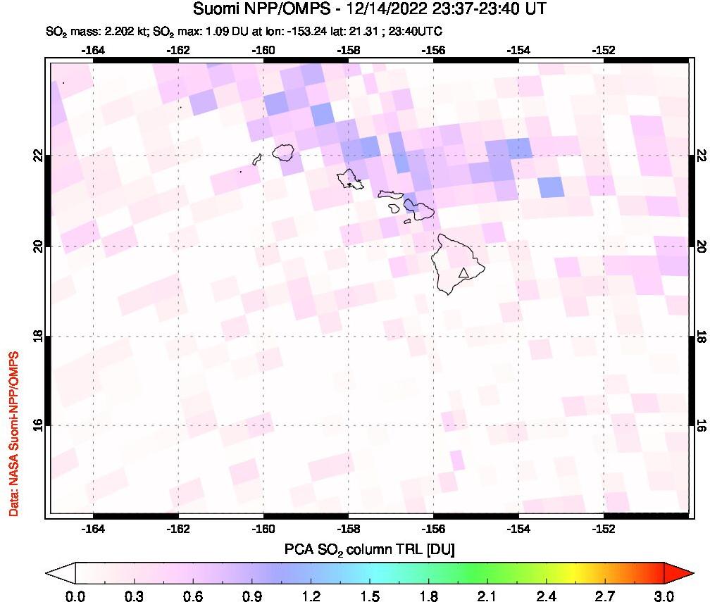 A sulfur dioxide image over Hawaii, USA on Dec 14, 2022.