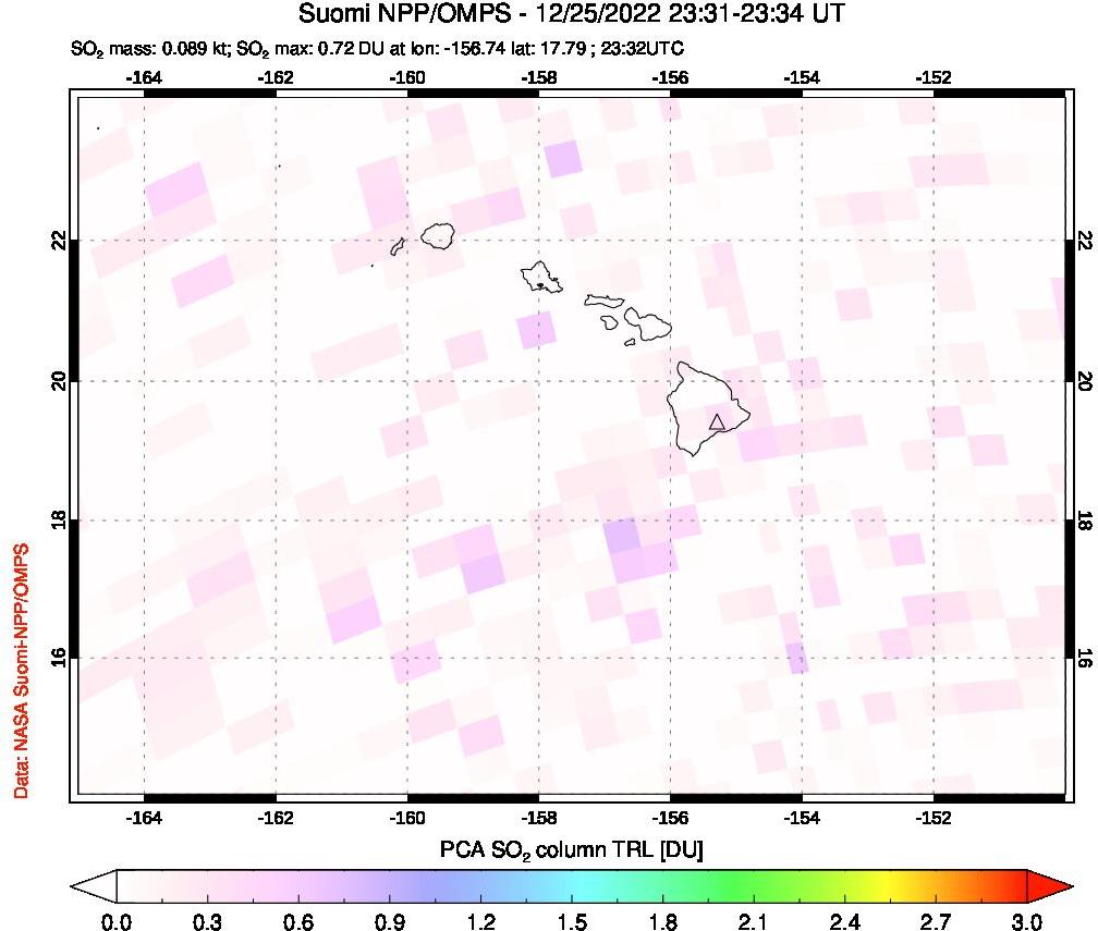 A sulfur dioxide image over Hawaii, USA on Dec 25, 2022.